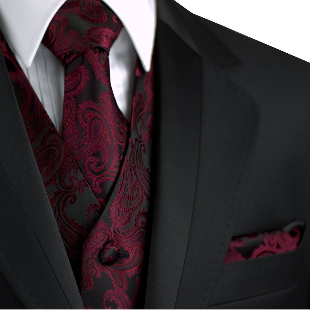 Men's Formal Wedding Prom Homecoming Tuxedo Vest Tie Hankie set - Berry Paisley